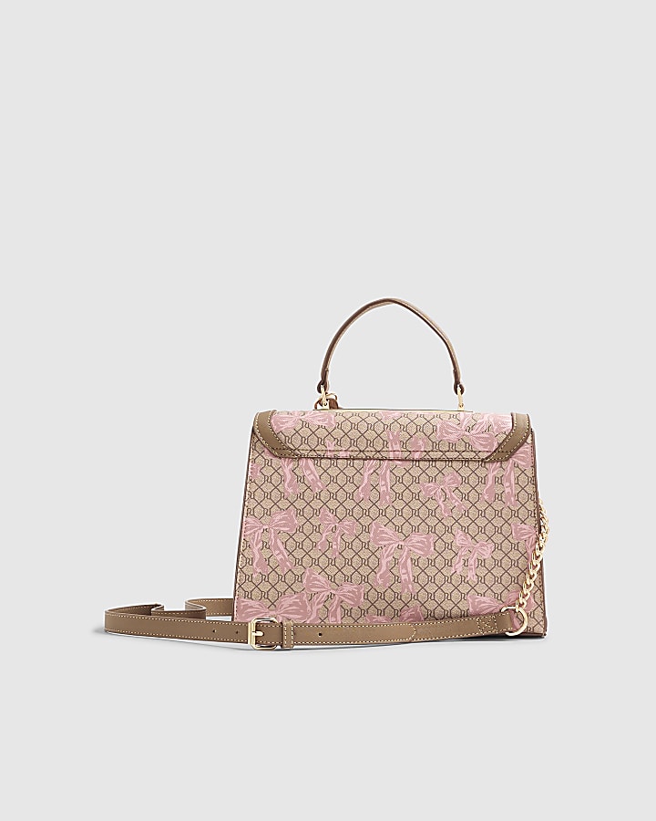 Beige Monogram Bow Print Charm Tote Bag