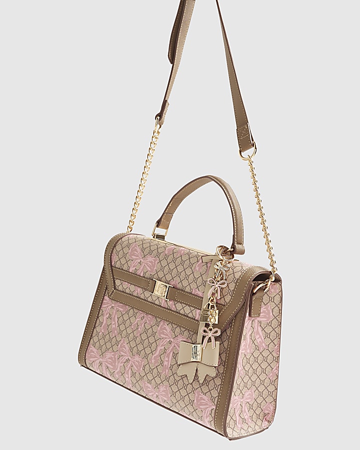 Beige Monogram Bow Print Charm Tote Bag