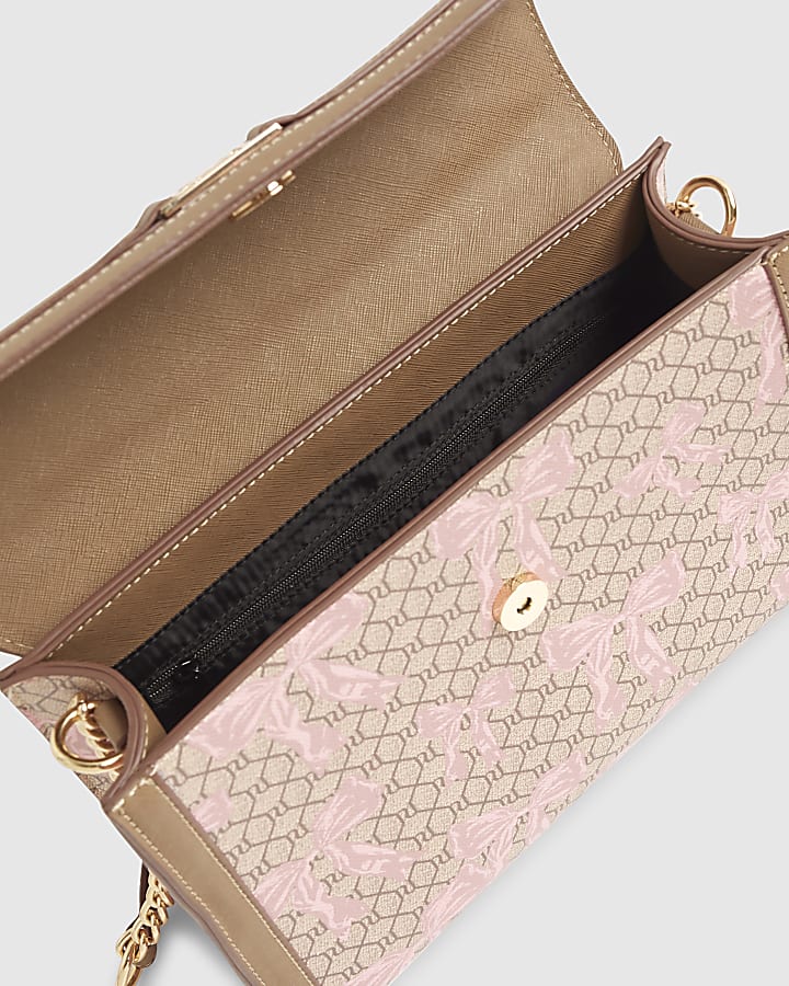 Beige Monogram Bow Print Charm Tote Bag
