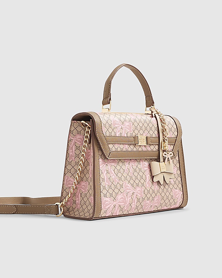 Beige Monogram Bow Print Charm Tote Bag