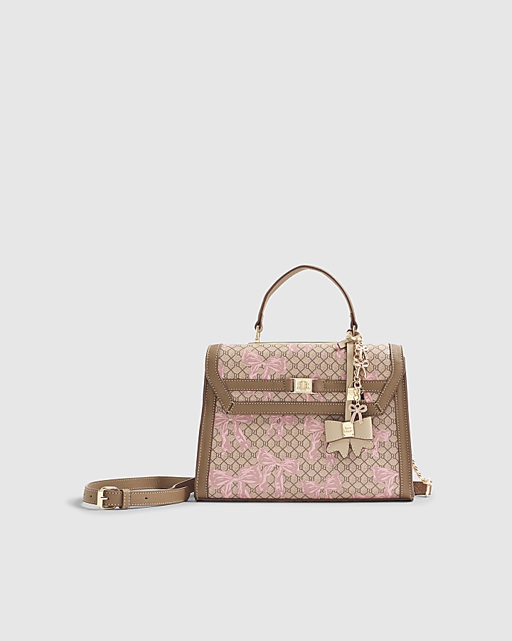 Beige Monogram Bow Print Charm Tote Bag