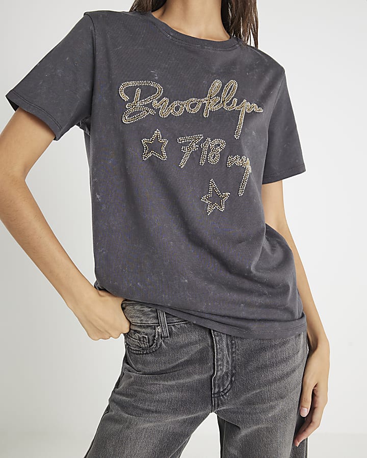 Grey Short Sleeve Brooklyn NYC Beaded T-shirt