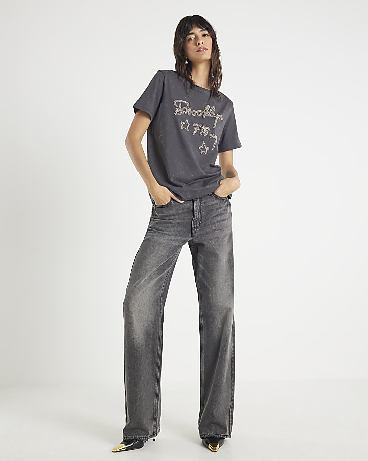 Grey Short Sleeve Brooklyn NYC Beaded T-shirt