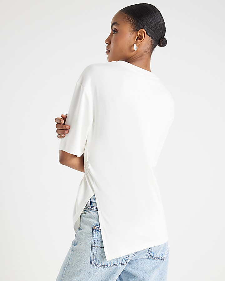 White Short Sleeve Ruched Side Toggle T-shirt