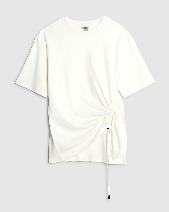 White Short Sleeve Ruched Side Toggle T-shirt