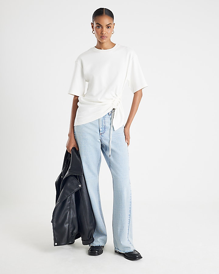 White Short Sleeve Ruched Side Toggle T-shirt