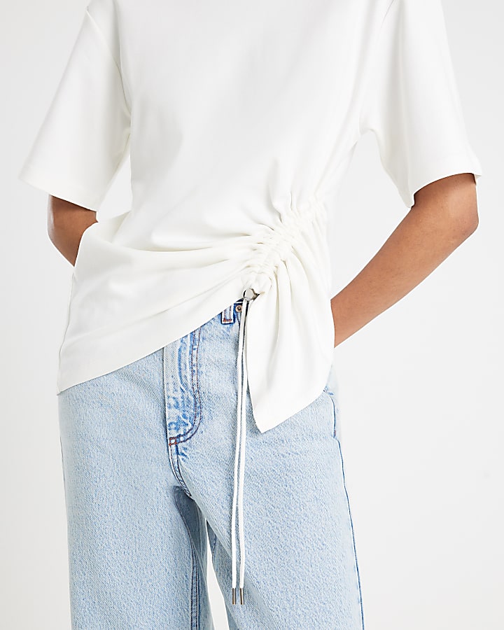 White Short Sleeve Ruched Side Toggle T-shirt