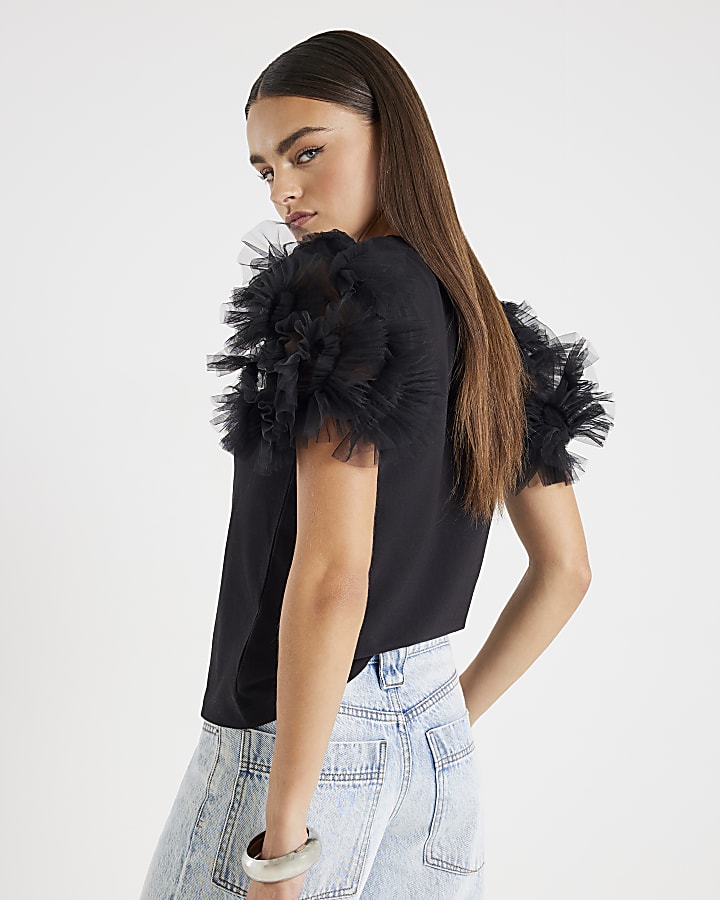 Black Short Ruffle Sleeve Top