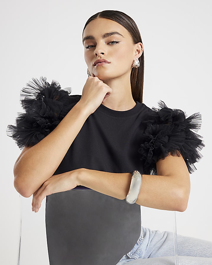 Black Short Ruffle Sleeve Top