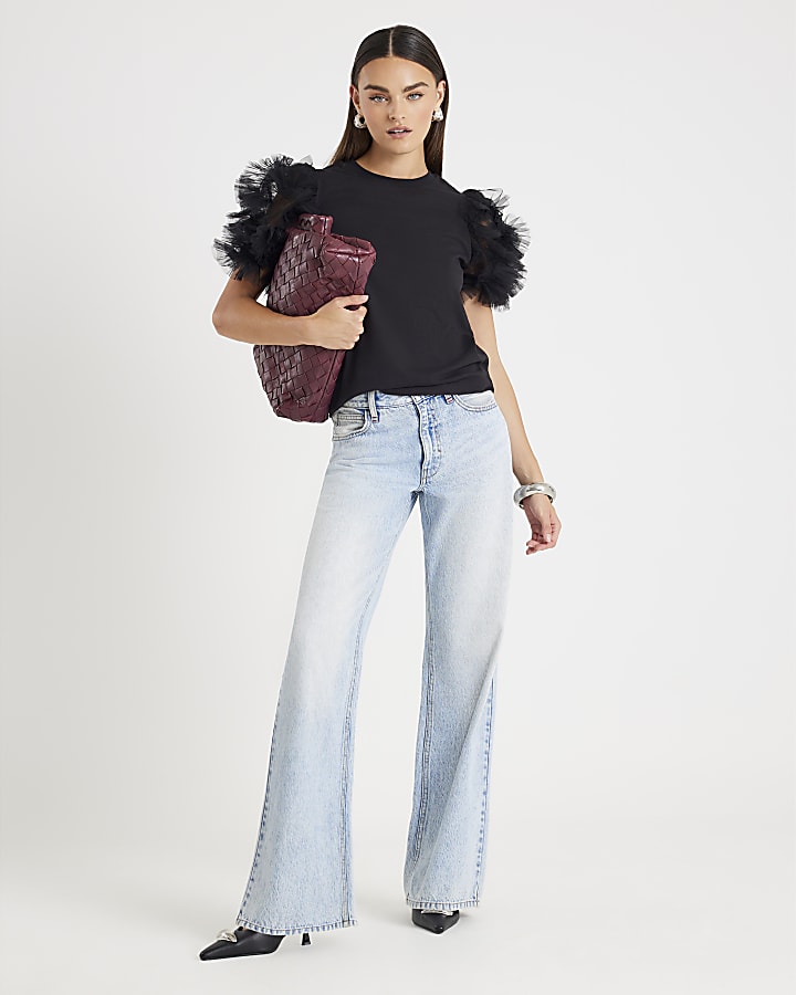 Black Short Ruffle Sleeve Top