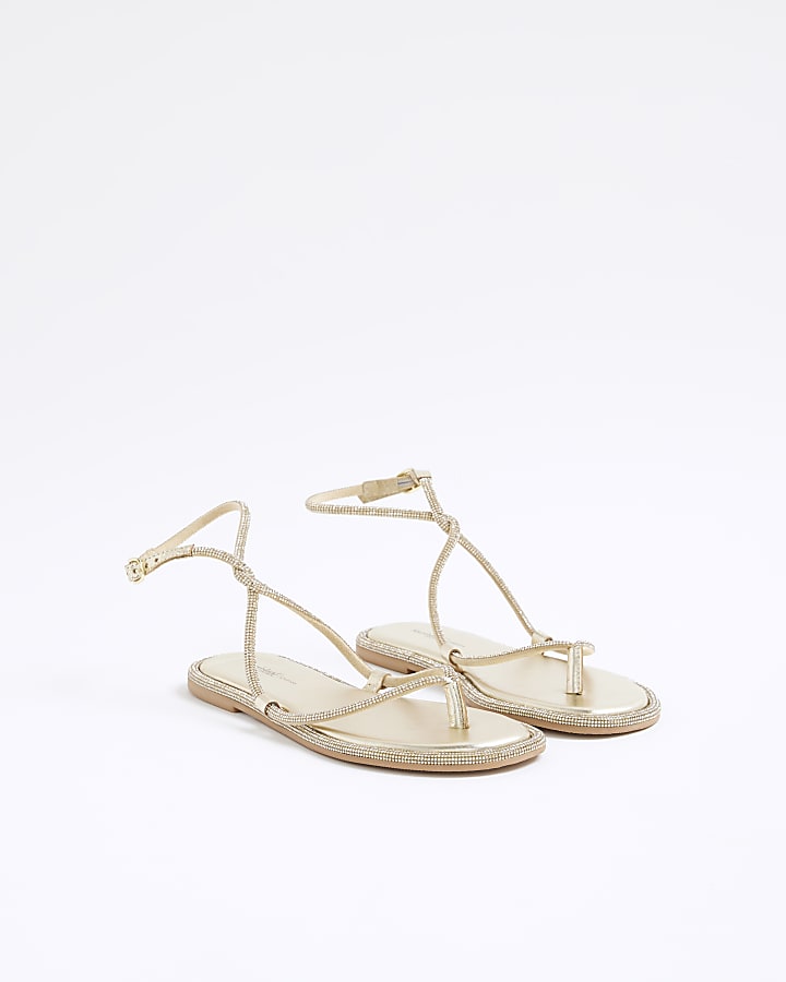 Gold Embellished Twist Strappy Sandals