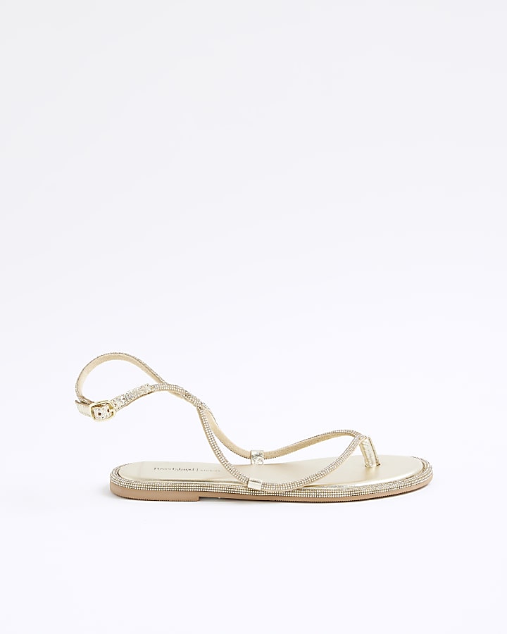 Gold Embellished Strappy Toe Thong Sandals
