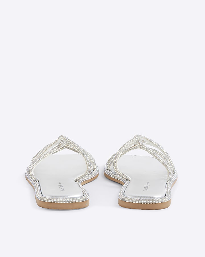 Silver Embellished Twist Strap Mule Sandals