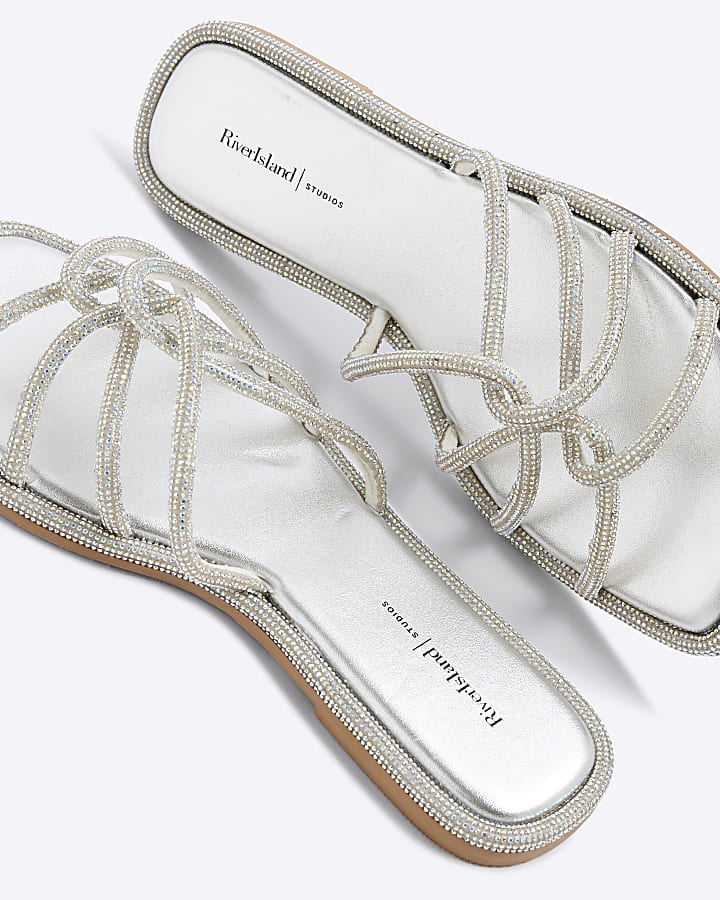 Silver Embellished Twist Strap Mule Sandals