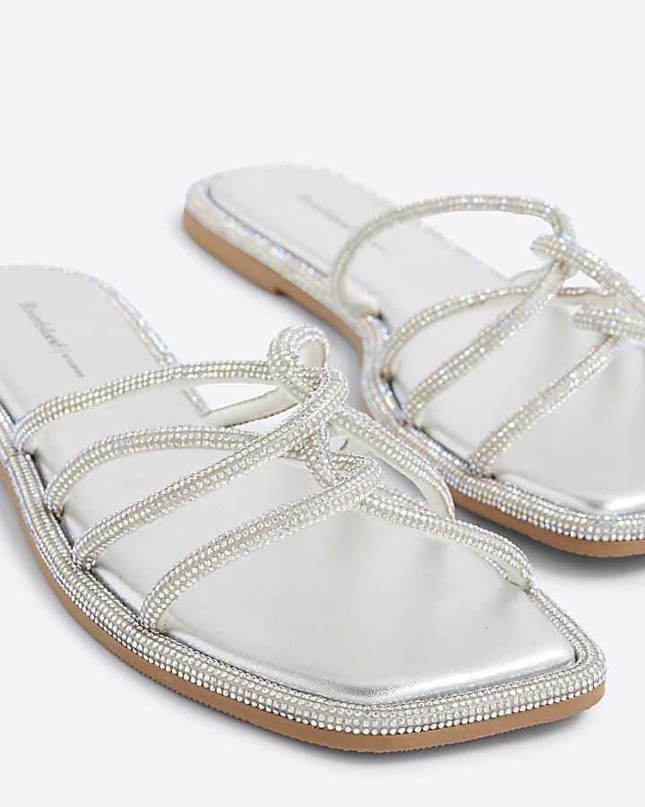Silver Embellished Twist Strap Mule Sandals