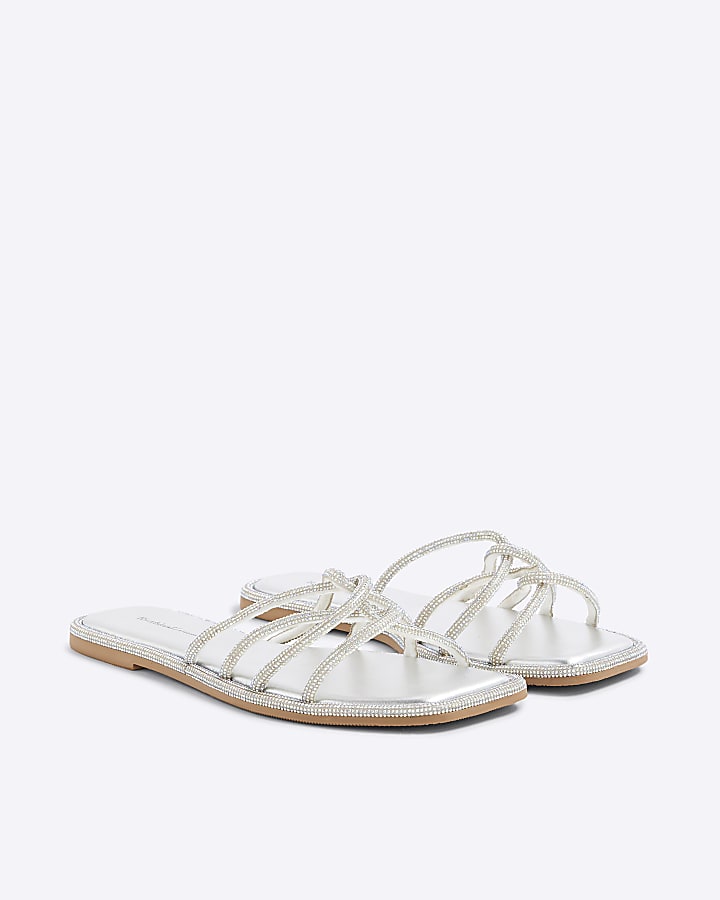 Silver Embellished Twist Strap Mule Sandals