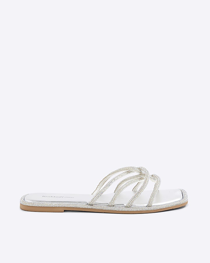 Silver Embellished Twist Strap Mule Sandals