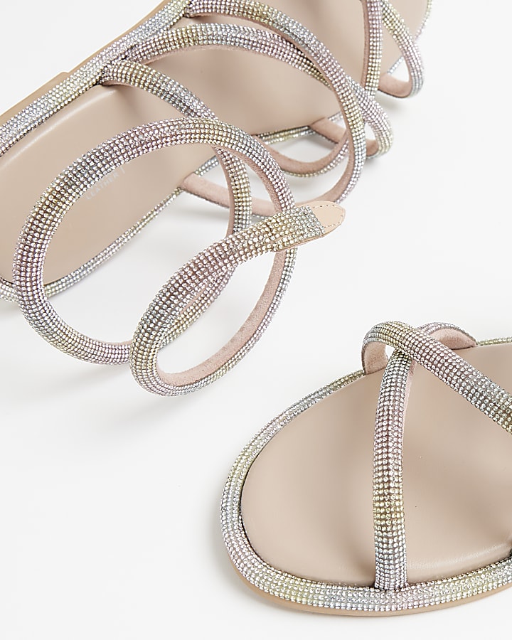 Multi Colour Embellished Ankle Wrap Sandals