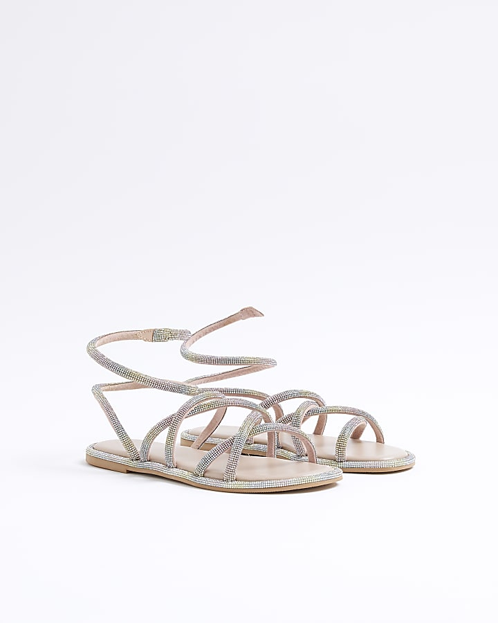 Multi Colour Embellished Ankle Wrap Sandals