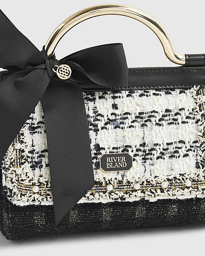 Black Boucle Bow Metal Handle Tote Bag