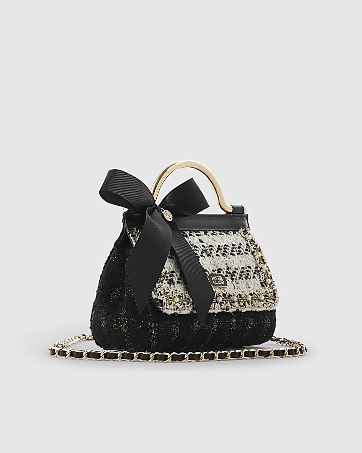 Black Boucle Bow Metal Handle Tote Bag