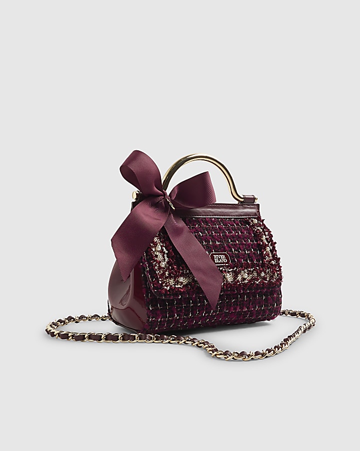 Red Boucle Bow Metal Handle Tote Bag