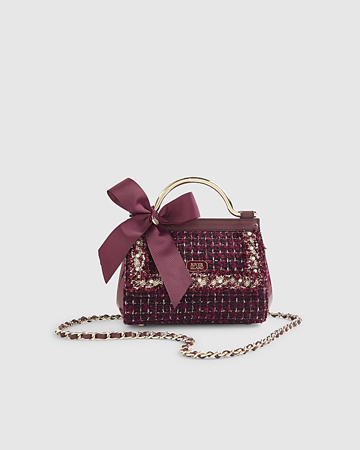 Red Boucle Bow Metal Handle Tote Bag