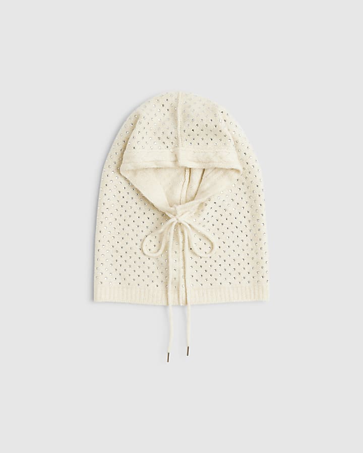 Cream Knitted Diamante Embellished Hood