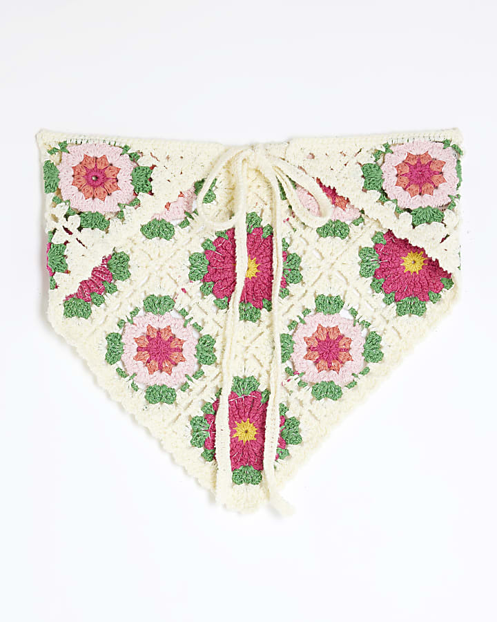 White Floral Print Crochet Bandana