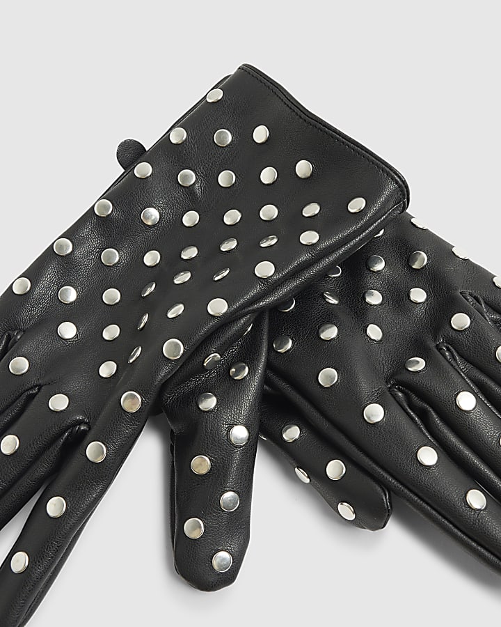 Black Studded Faux leather Gloves