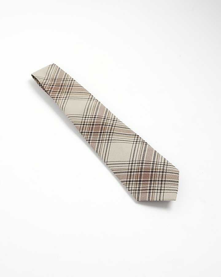 Beige Check Print Tie
