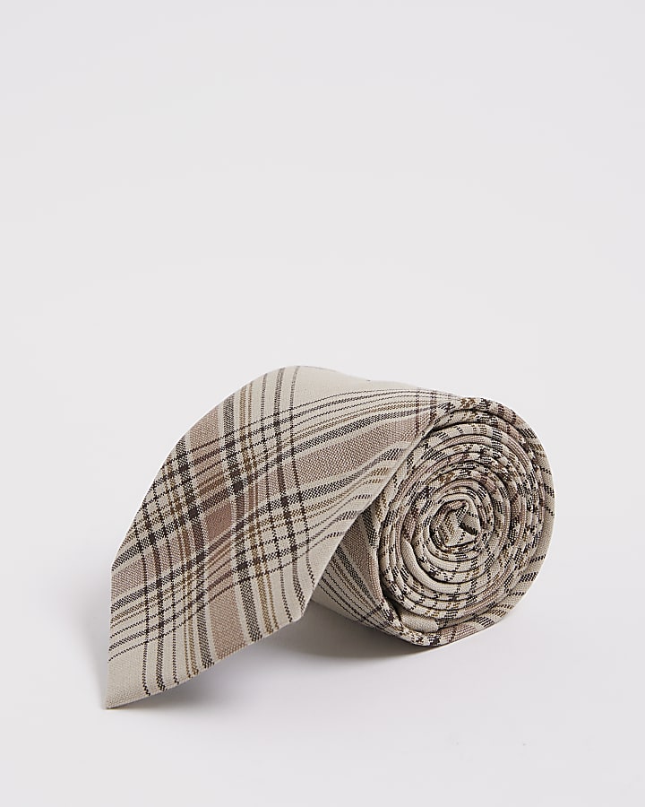 Beige Check Print Tie