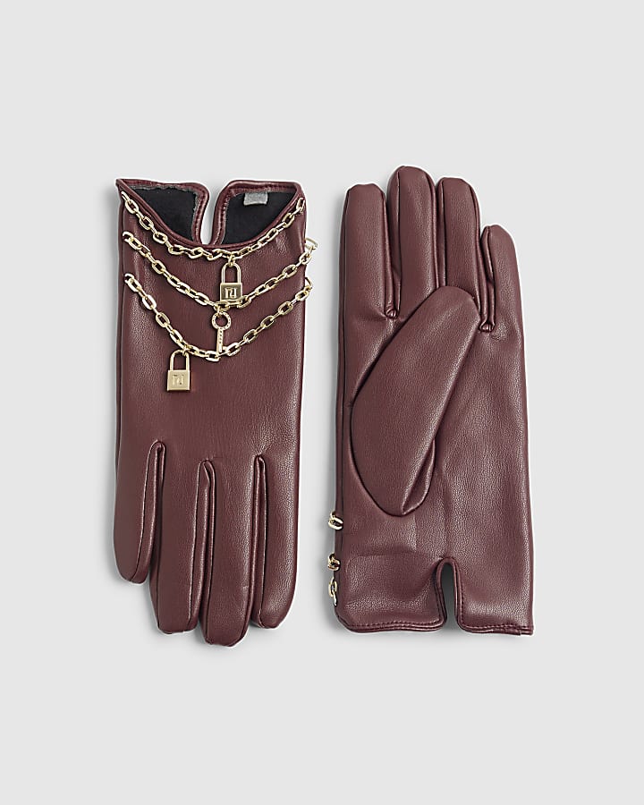 Red Faux Leather Chain Charm Gloves