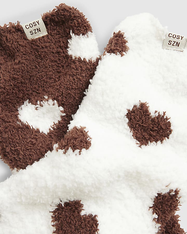Brown Fluffy Heart 2 Pack Socks
