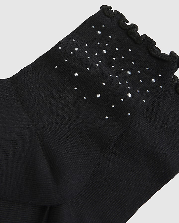 Black 2 Pack Diamante Embellished Frill Socks