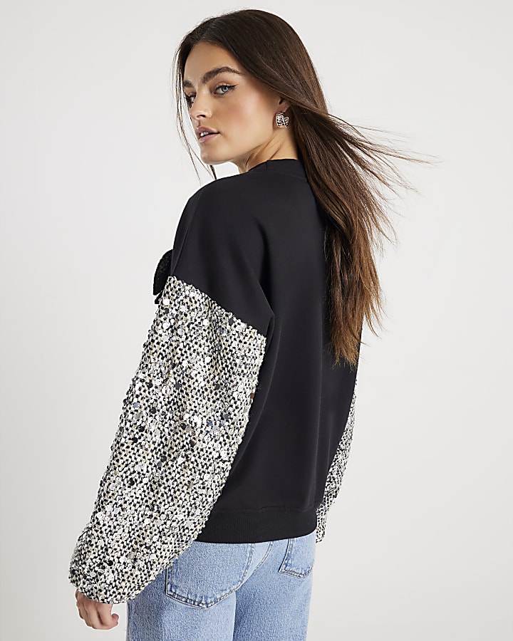 Black Long Sleeve Boucle Trim Sweatshirt