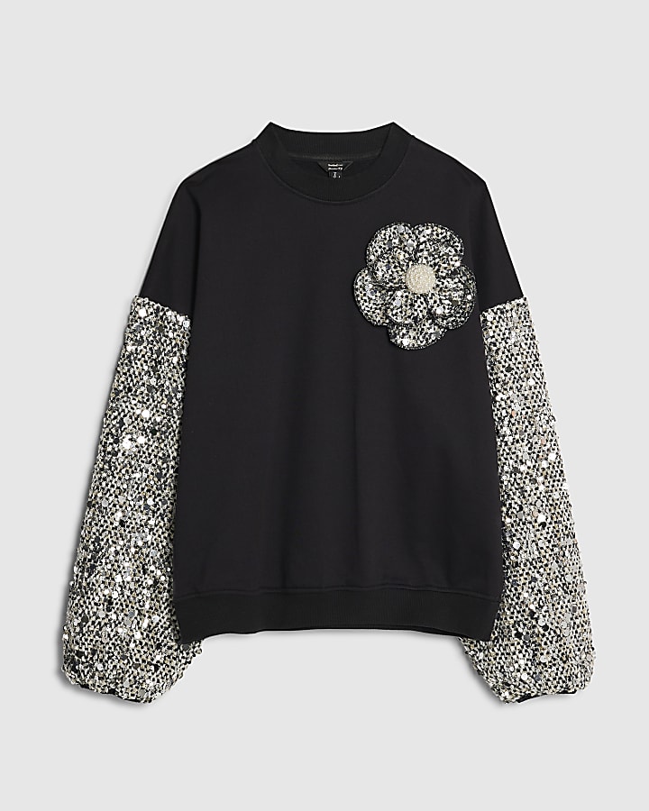 Black Long Sleeve Boucle Trim Sweatshirt