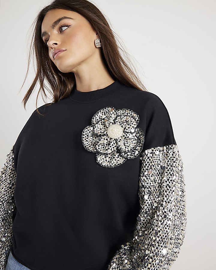 Black Long Sleeve Boucle Trim Sweatshirt