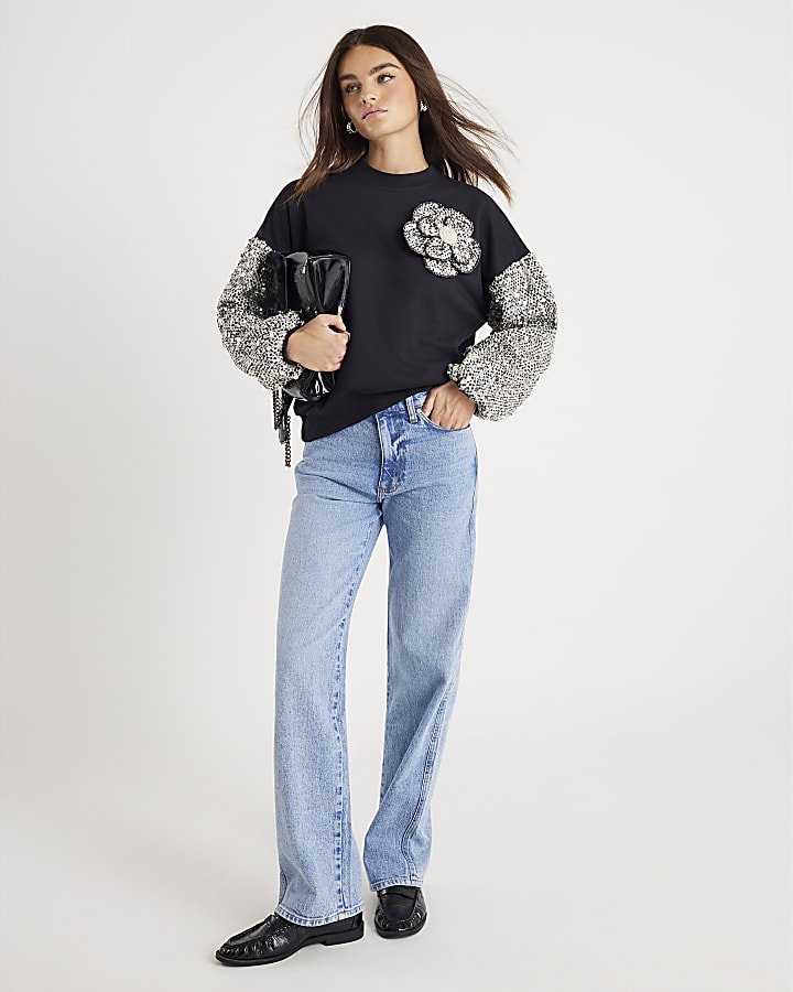 Black Long Sleeve Boucle Trim Sweatshirt