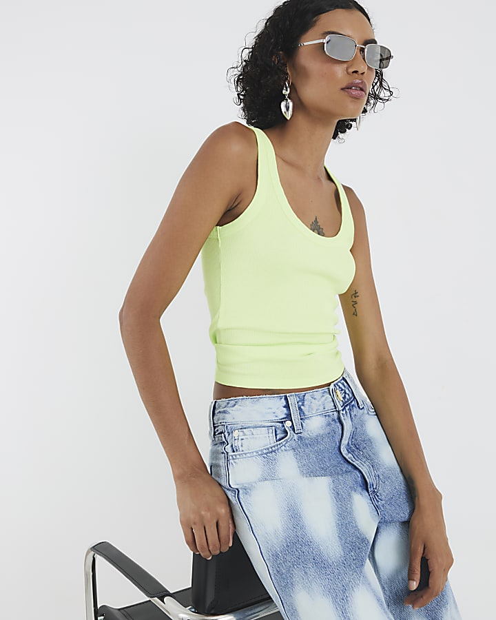 Green Sleeveless Ribbed Tank Top