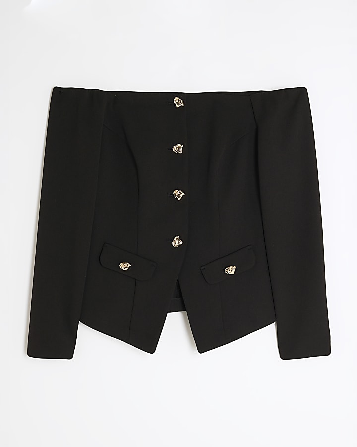 Black Long Sleeve Bardot Button Top