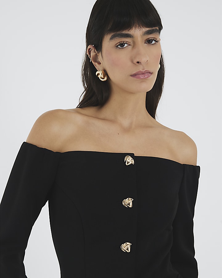 Black Long Sleeve Bardot Button Top
