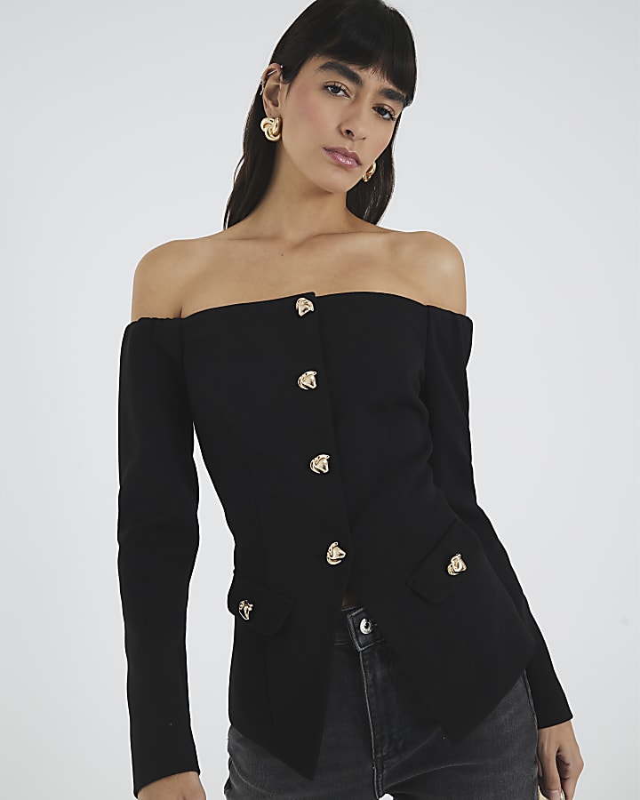 Black Long Sleeve Bardot Button Top