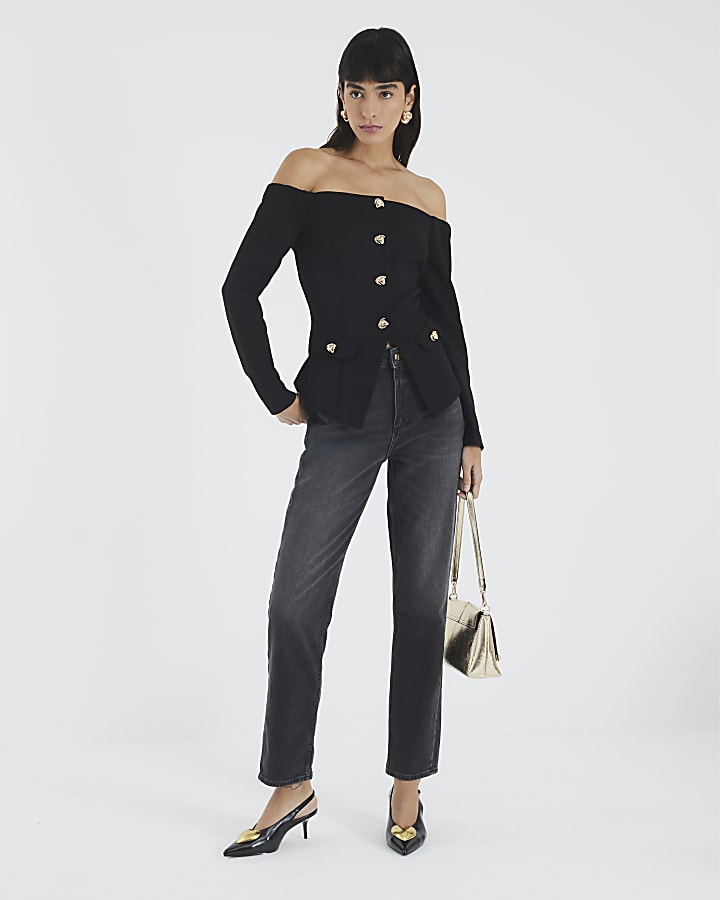 Black Long Sleeve Bardot Button Top