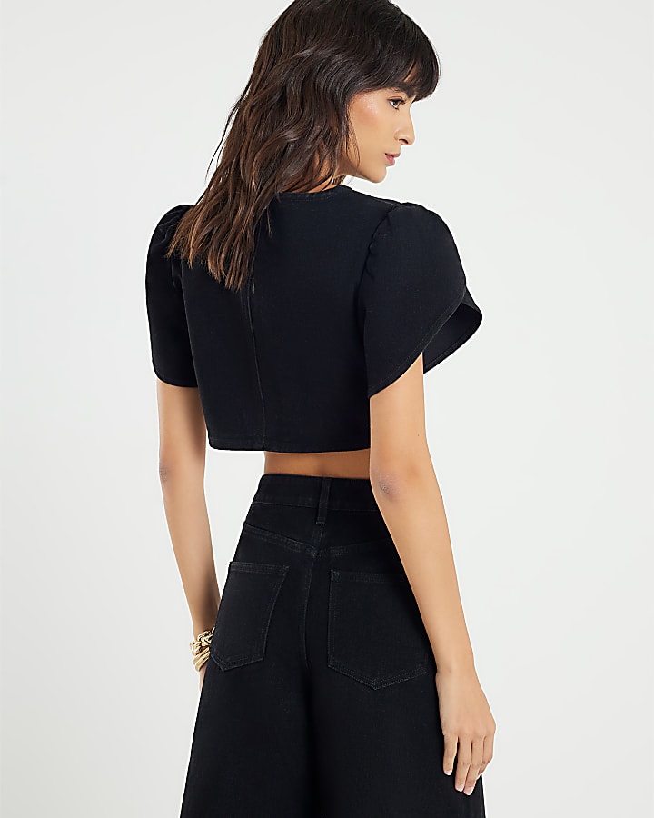 Black Denim Button Up Crop Top