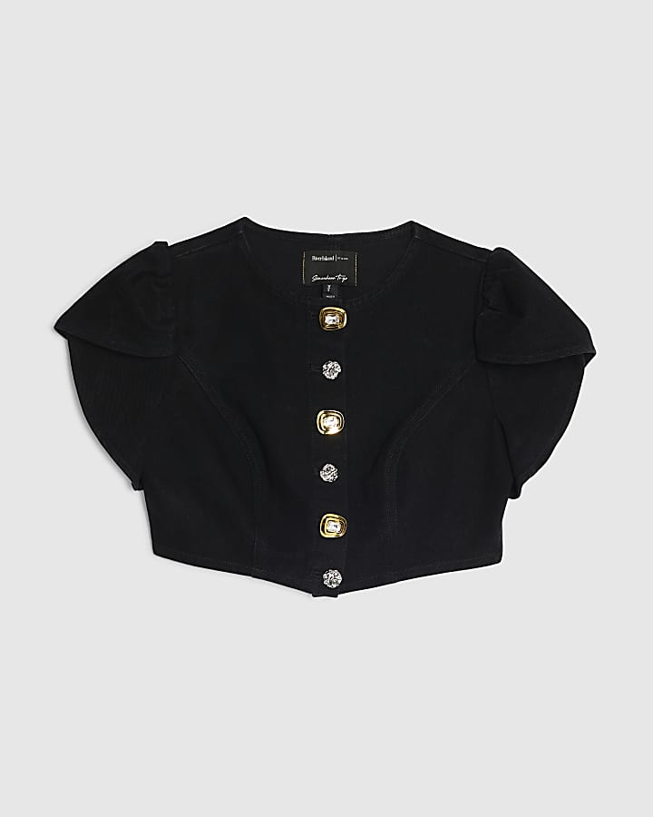 Black Denim Button Up Crop Top