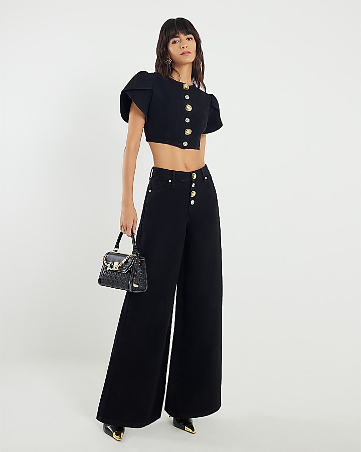 Black Denim Button Up Crop Top