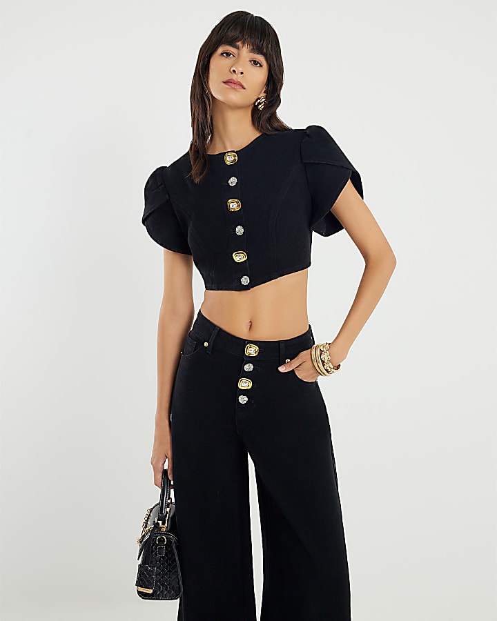 Black Denim Button Up Crop Top