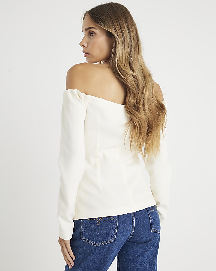 Cream Long Sleeve Bardot Button Top