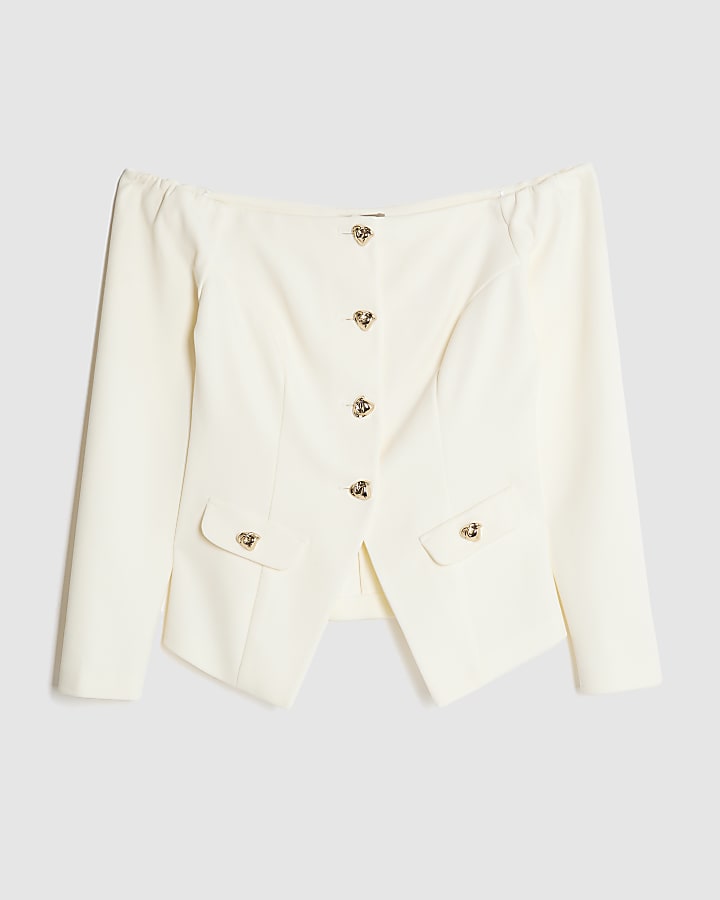 Cream Long Sleeve Bardot Button Top